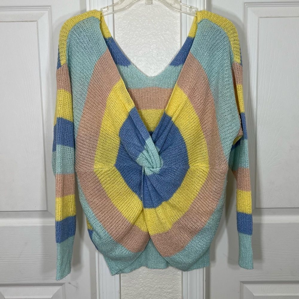 Gilli Sweater Pastel Rainbow Striped Twist Front Drop Shoulder Acrylic Size L